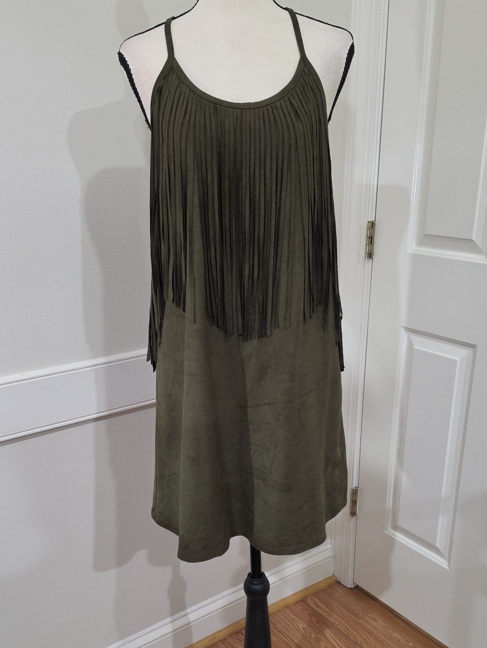 YA Los Angeles Olive Green Faux Suede Fringe Mini Dress - Size Small